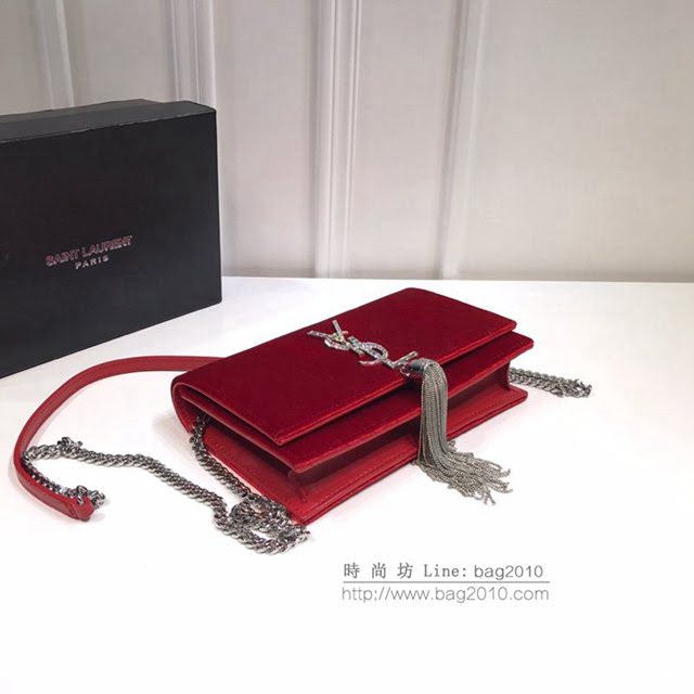 YSL爆款女士包包 聖羅蘭經典款天鵝絨帶鑽流蘇鏈條包 YSL肩背斜挎包 491521  jjh1062